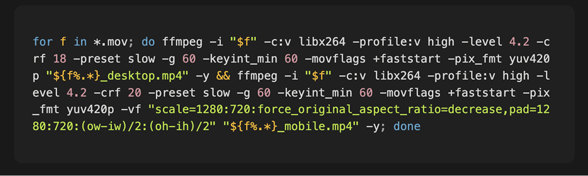 FFmpeg command line snippet for video optimization
